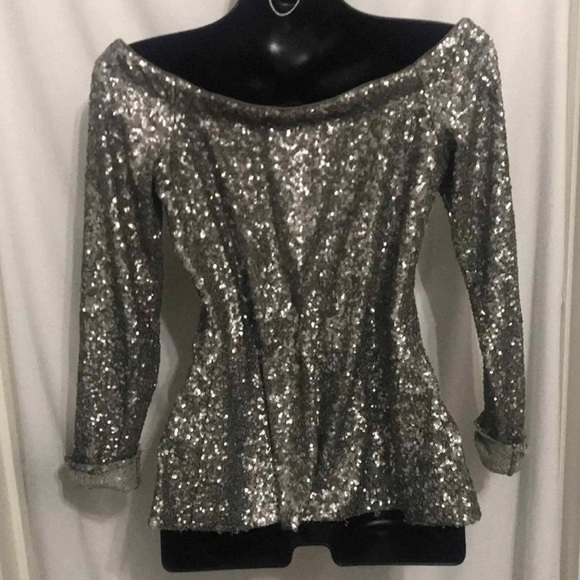 BAILEY 44 OFF THE SHOULDER SEQUIN TOP SMALL TAUPE ANTIQUE GOLD SILVER - Picture 6 of 8